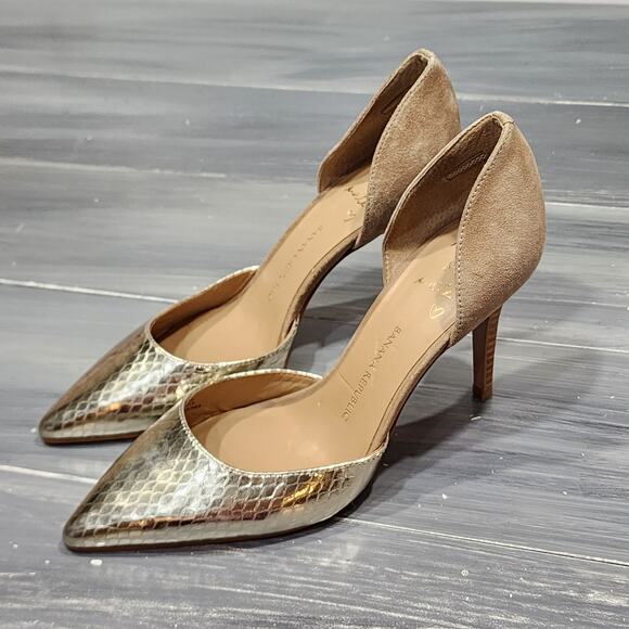 Banana Republic Alicia D’Orsay Heels Pumps Gold Tan Suede Size 7 M Stacked Heel - Picture 1 of 15